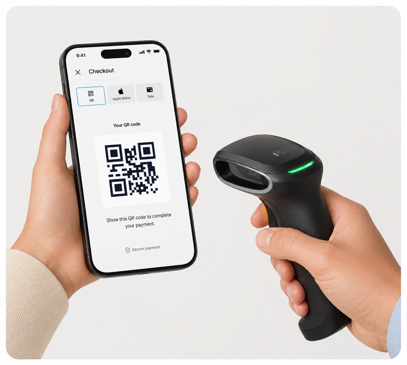 Shopper showing Tabsy QR code at checkout