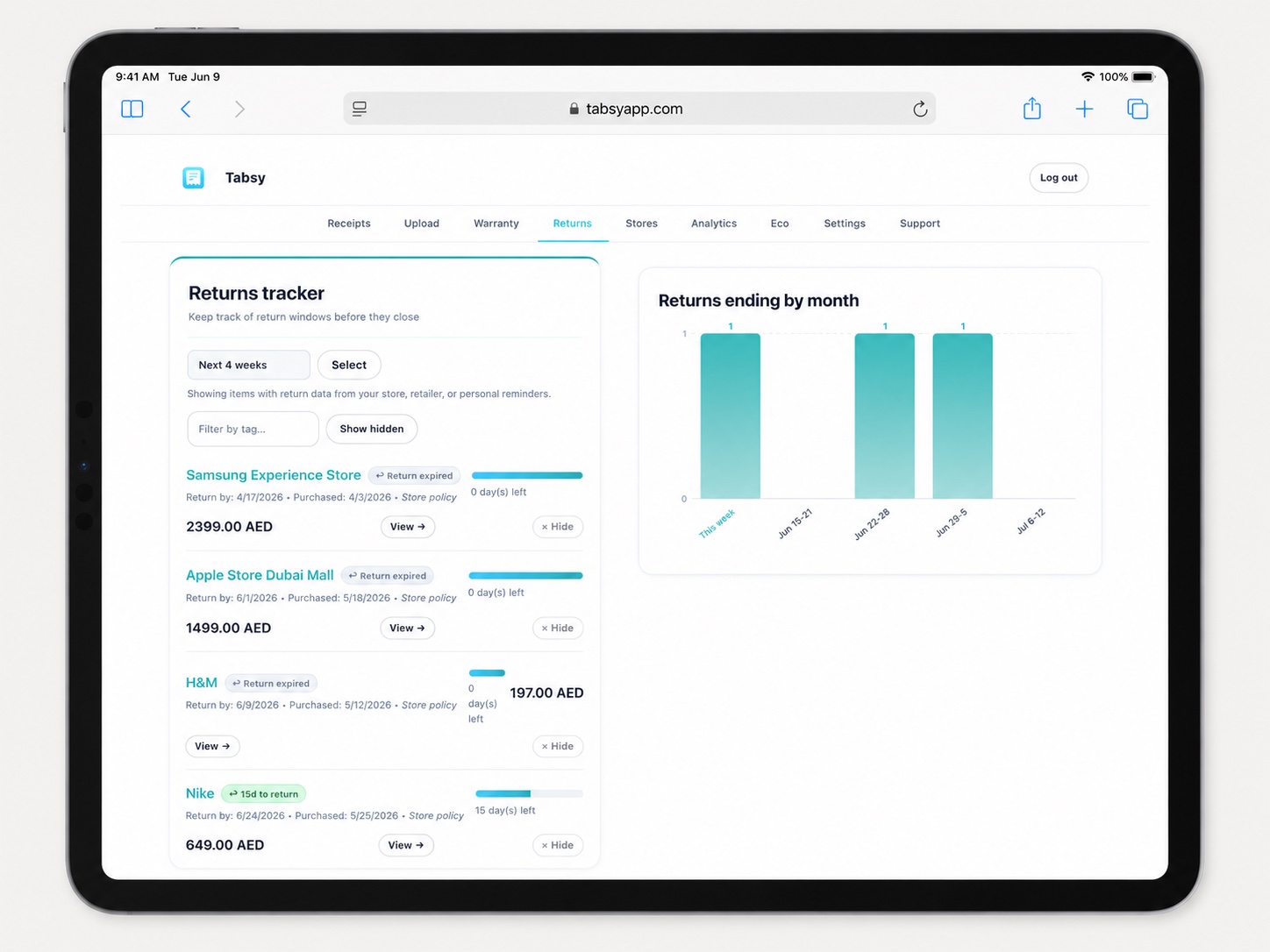 Tabsy returns tracker on iPad