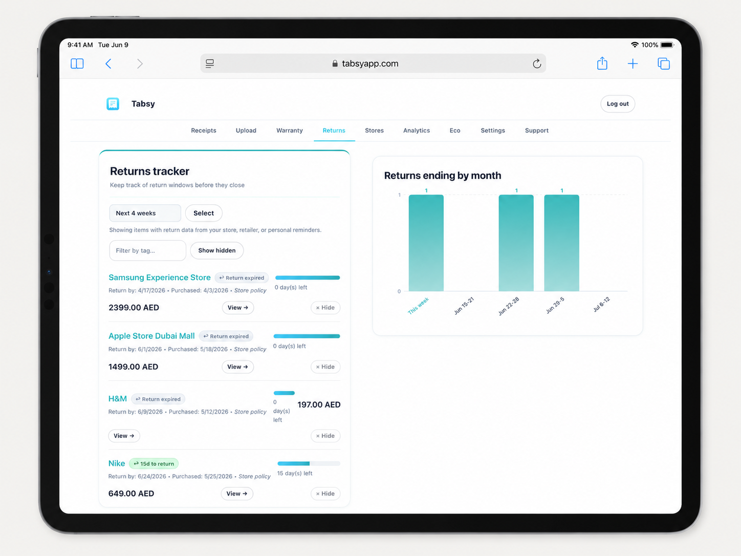 Tabsy returns tracker on iPad