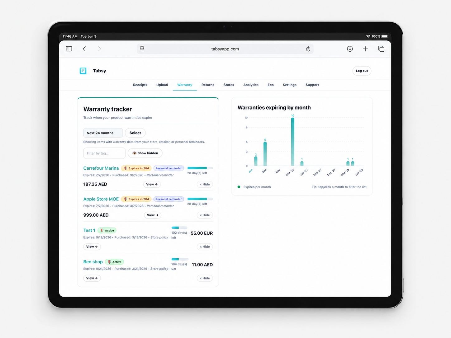 Tabsy warranty tracker on iPad